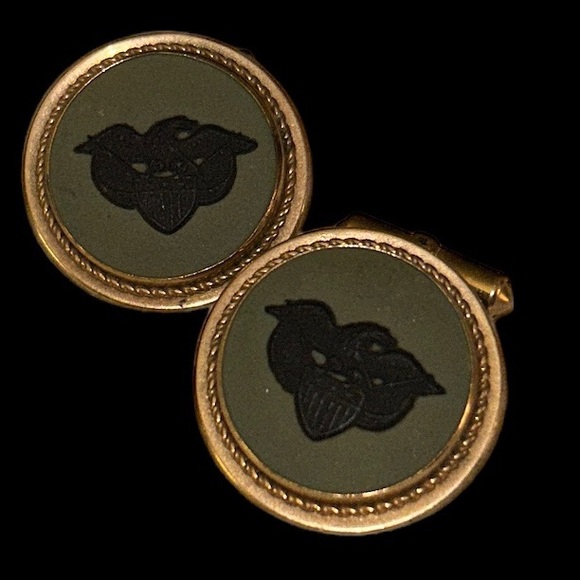 Vintage Cuff Links With Bald Eagle Insignia Green/Gold Tone Metal - Picture 1 of 3